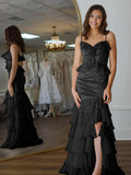 Mermaid Spaghetti Straps Yellow Ruffle Chiffon Long Prom Dresses with Flower