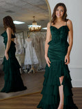 Mermaid Spaghetti Straps Yellow Ruffle Chiffon Long Prom Dresses with Flower