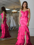 Mermaid Spaghetti Straps Yellow Ruffle Chiffon Long Prom Dresses with Flower