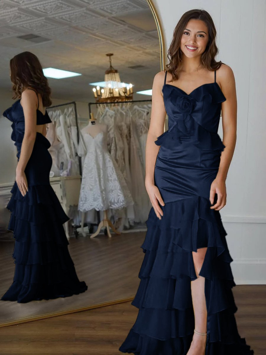 Mermaid Spaghetti Straps Yellow Ruffle Chiffon Long Prom Dresses with Flower