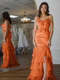 Mermaid Spaghetti Straps Yellow Ruffle Chiffon Long Prom Dresses with Flower