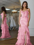 Mermaid Spaghetti Straps Yellow Ruffle Chiffon Long Prom Dresses with Flower