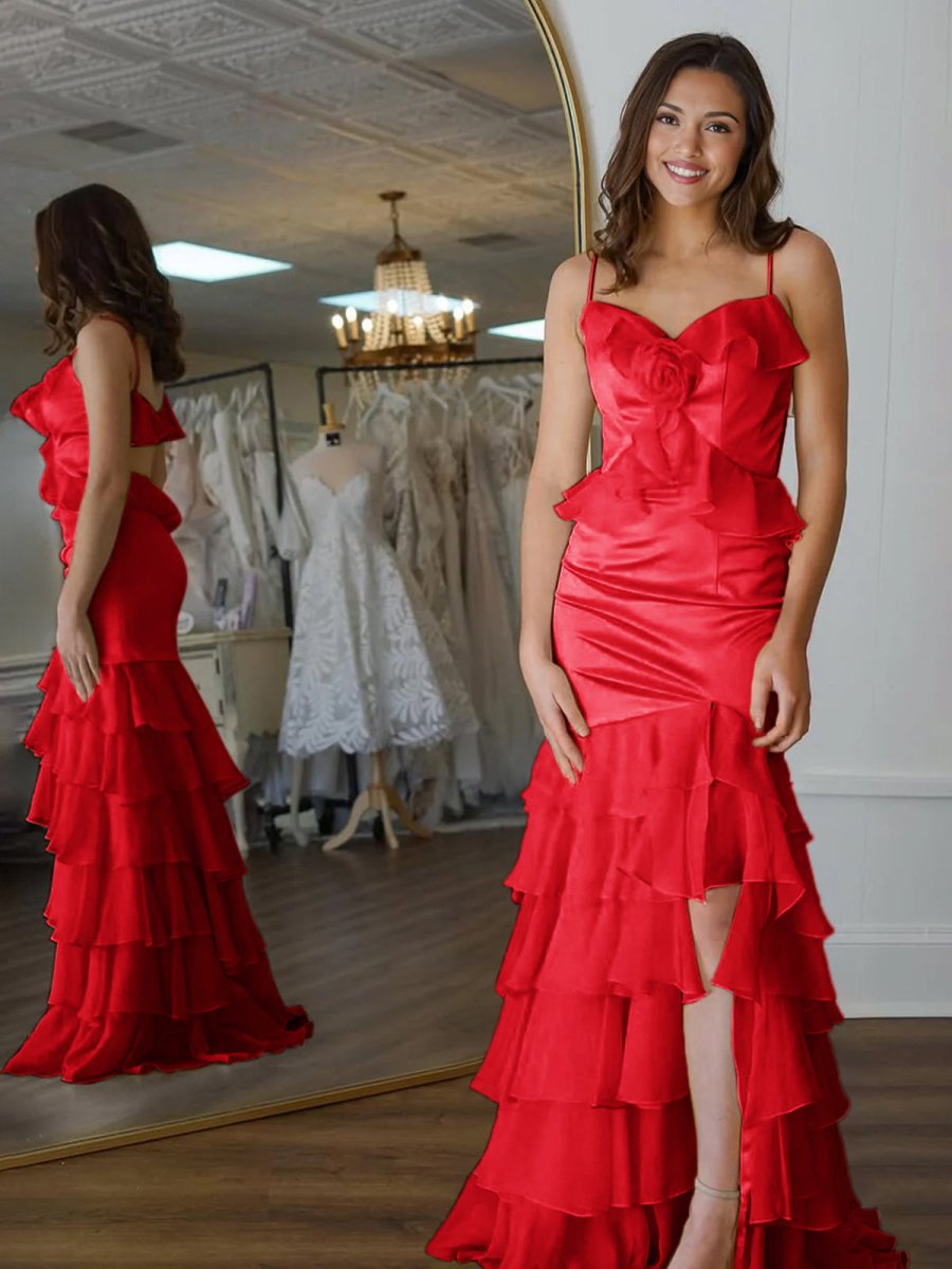 Mermaid Spaghetti Straps Yellow Ruffle Chiffon Long Prom Dresses with Flower
