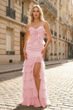 Mermaid Spaghetti Straps Yellow Ruffle Chiffon Long Prom Dresses with Flower