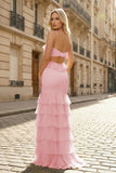 Mermaid Spaghetti Straps Yellow Ruffle Chiffon Long Prom Dresses with Flower