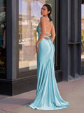 Cute Mermaid Spaghetti Straps Satin Long Prom Dress