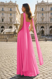 Pink Strapless A Line Chiffon Pleated Long Prom Dresses