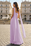 Pink Strapless A Line Chiffon Pleated Long Prom Dresses