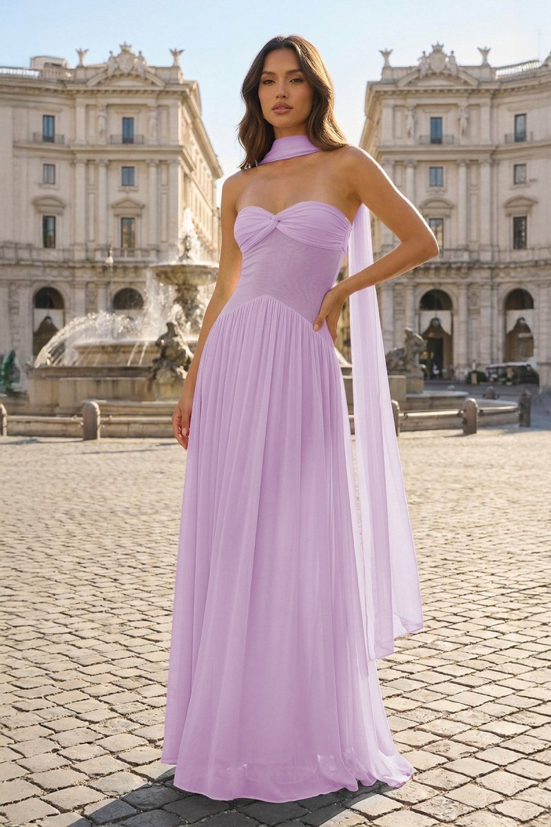 Pink Strapless A Line Chiffon Pleated Long Prom Dresses