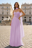 Pink Strapless A Line Chiffon Pleated Long Prom Dresses