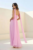 Pink Strapless A Line Chiffon Pleated Long Prom Dresses