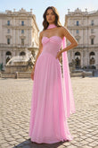 Pink Strapless A Line Chiffon Pleated Long Prom Dresses