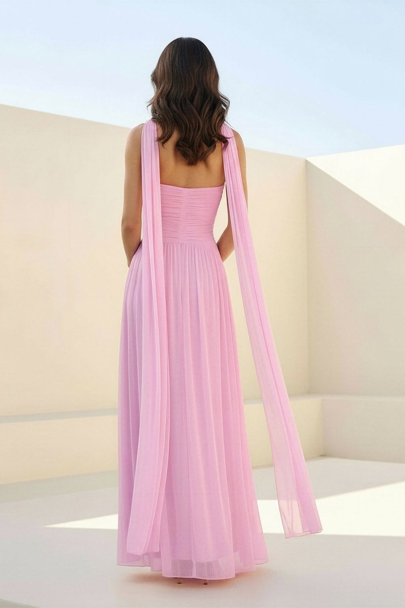 Pink Strapless A Line Chiffon Pleated Long Prom Dresses