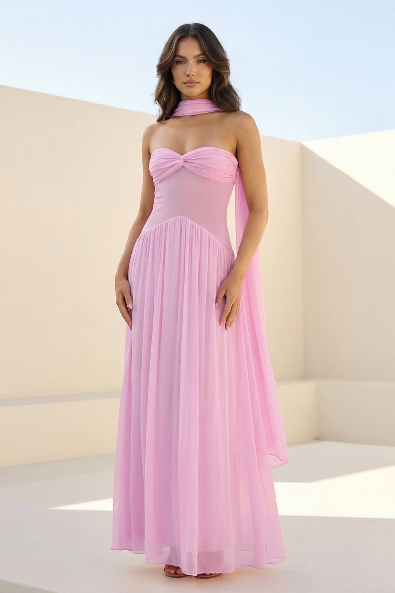 Pink Strapless A Line Chiffon Pleated Long Prom Dresses