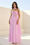 Pink Strapless A Line Chiffon Pleated Long Prom Dresses
