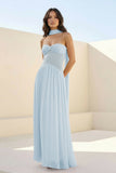 Pink Strapless A Line Chiffon Pleated Long Prom Dresses