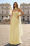 Pink Strapless A Line Chiffon Pleated Long Prom Dresses