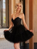 Black - A Line Tulle Sweetheart Ruffles Homecoming Dresses with Beads