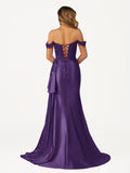 Off the Shoulder Satin Beaded Prom Dress With Appliques