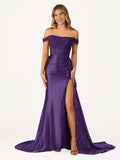 Off the Shoulder Satin Beaded Prom Dress With Appliques