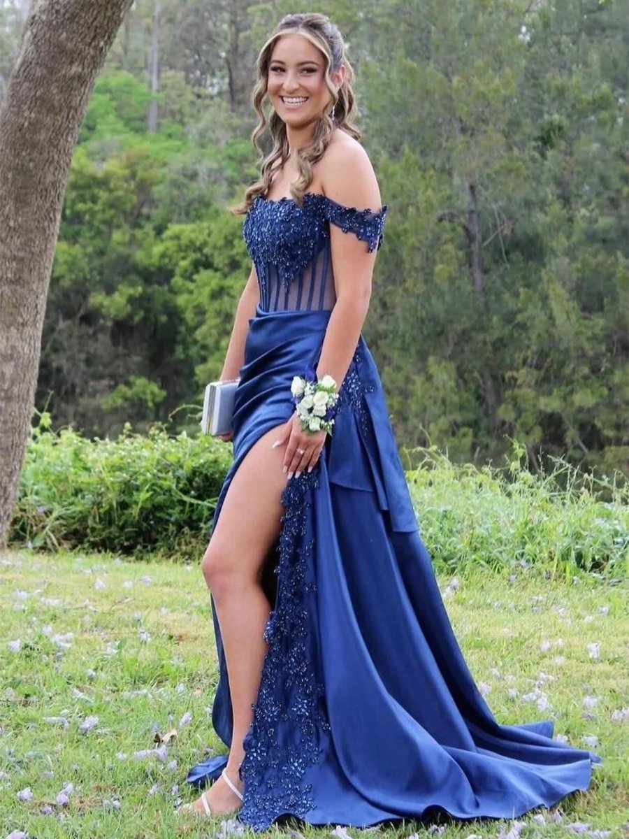 Off the Shoulder Satin Beaded Prom Dress With Appliques