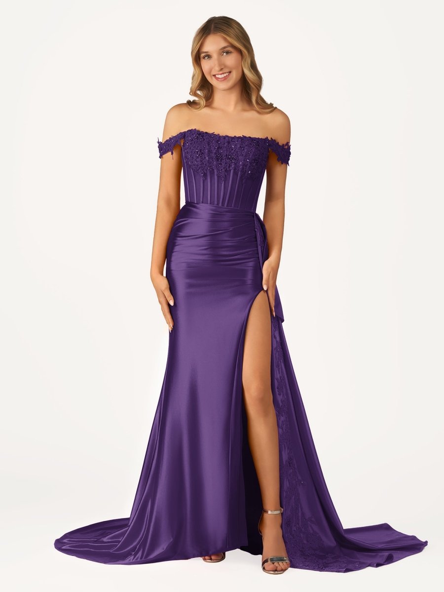Off the Shoulder Satin Beaded Prom Dress With Appliques
