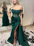 Off the Shoulder Satin Beaded Prom Dress With Appliques
