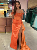 Off the Shoulder Satin Beaded Prom Dress With Appliques