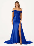 Off the Shoulder Satin Beaded Prom Dress With Appliques