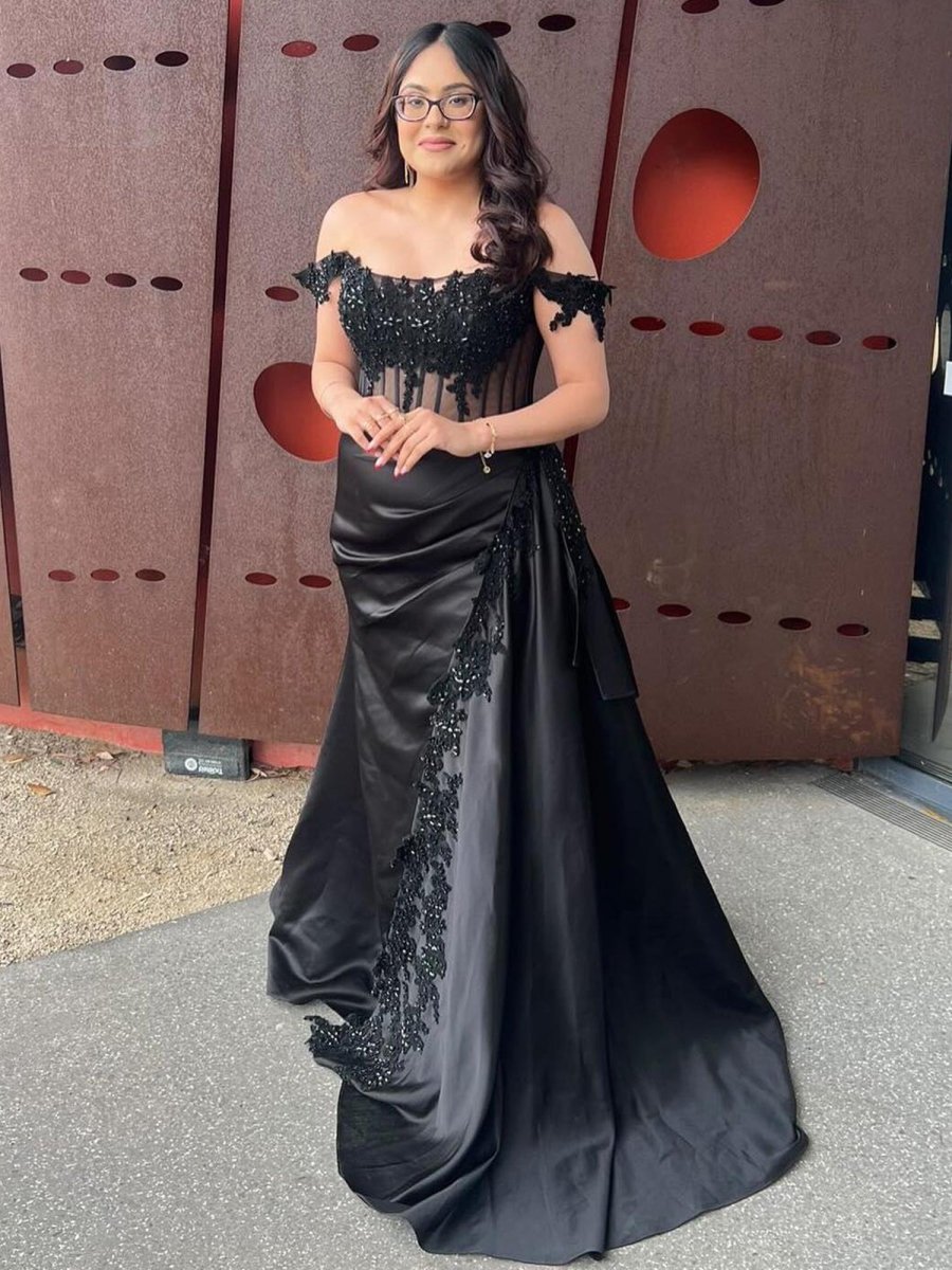 Off the Shoulder Satin Beaded Prom Dress With Appliques