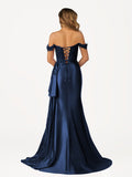 Off the Shoulder Satin Beaded Prom Dress With Appliques