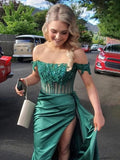 Off the Shoulder Satin Beaded Prom Dress With Appliques