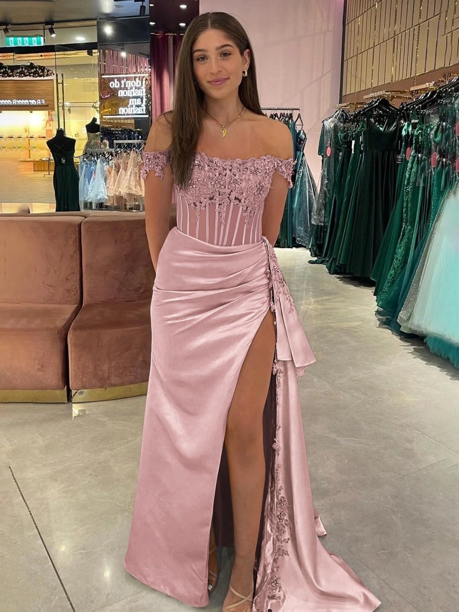 Off the Shoulder Satin Beaded Prom Dress With Appliques