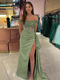 Off the Shoulder Satin Beaded Prom Dress With Appliques