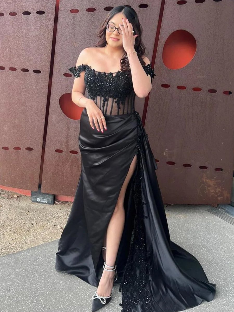Off the Shoulder Satin Beaded Prom Dress With Appliques