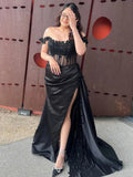 Off the Shoulder Satin Beaded Prom Dress With Appliques