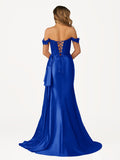 Off the Shoulder Satin Beaded Prom Dress With Appliques