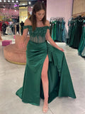 Off the Shoulder Satin Beaded Prom Dress With Appliques