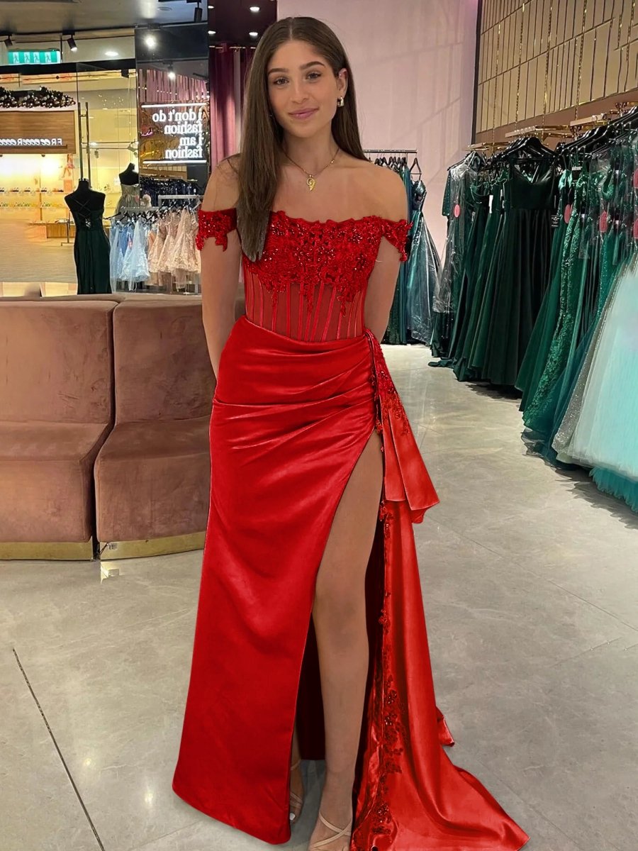 Off the Shoulder Satin Beaded Prom Dress With Appliques