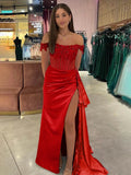 Off the Shoulder Satin Beaded Prom Dress With Appliques