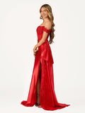 Off the Shoulder Satin Beaded Prom Dress With Appliques