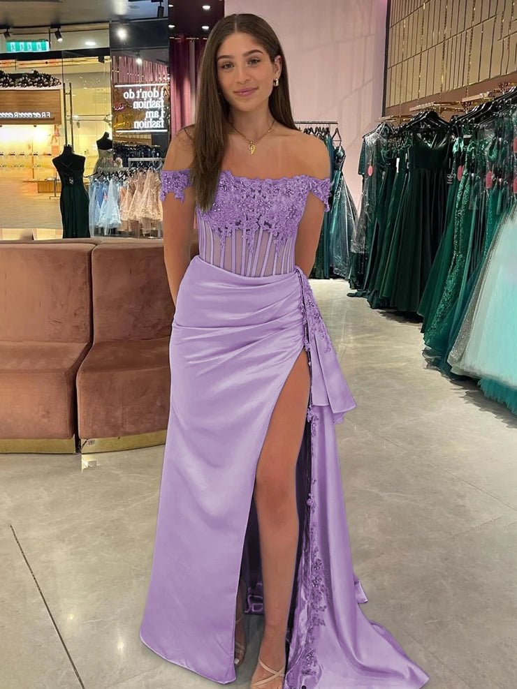 Off the Shoulder Satin Beaded Prom Dress With Appliques