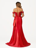 Off the Shoulder Satin Beaded Prom Dress With Appliques
