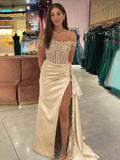 Off the Shoulder Satin Beaded Prom Dress With Appliques