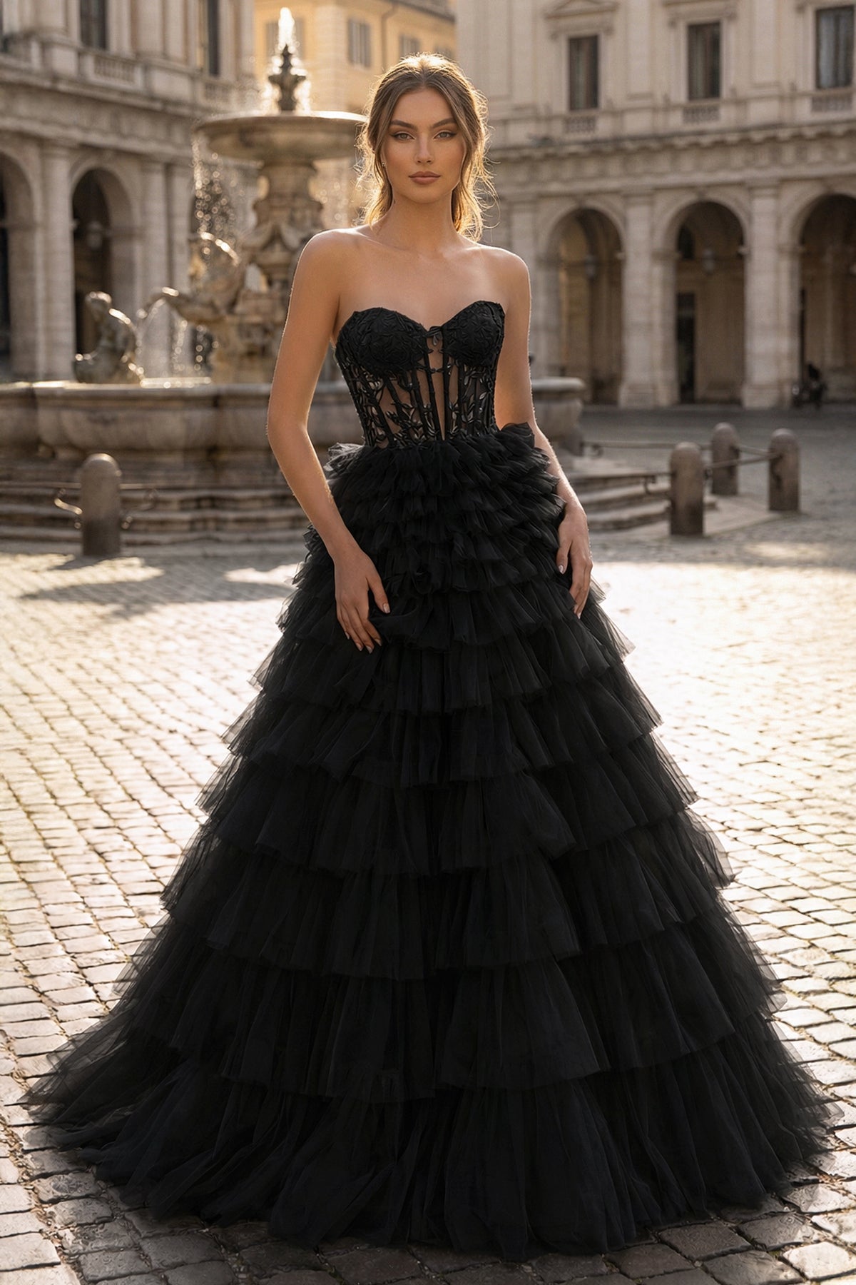 Yellow Sweetheart A Line Tiered Tulle Long Prom Dress