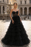 Yellow Sweetheart A Line Tiered Tulle Long Prom Dress