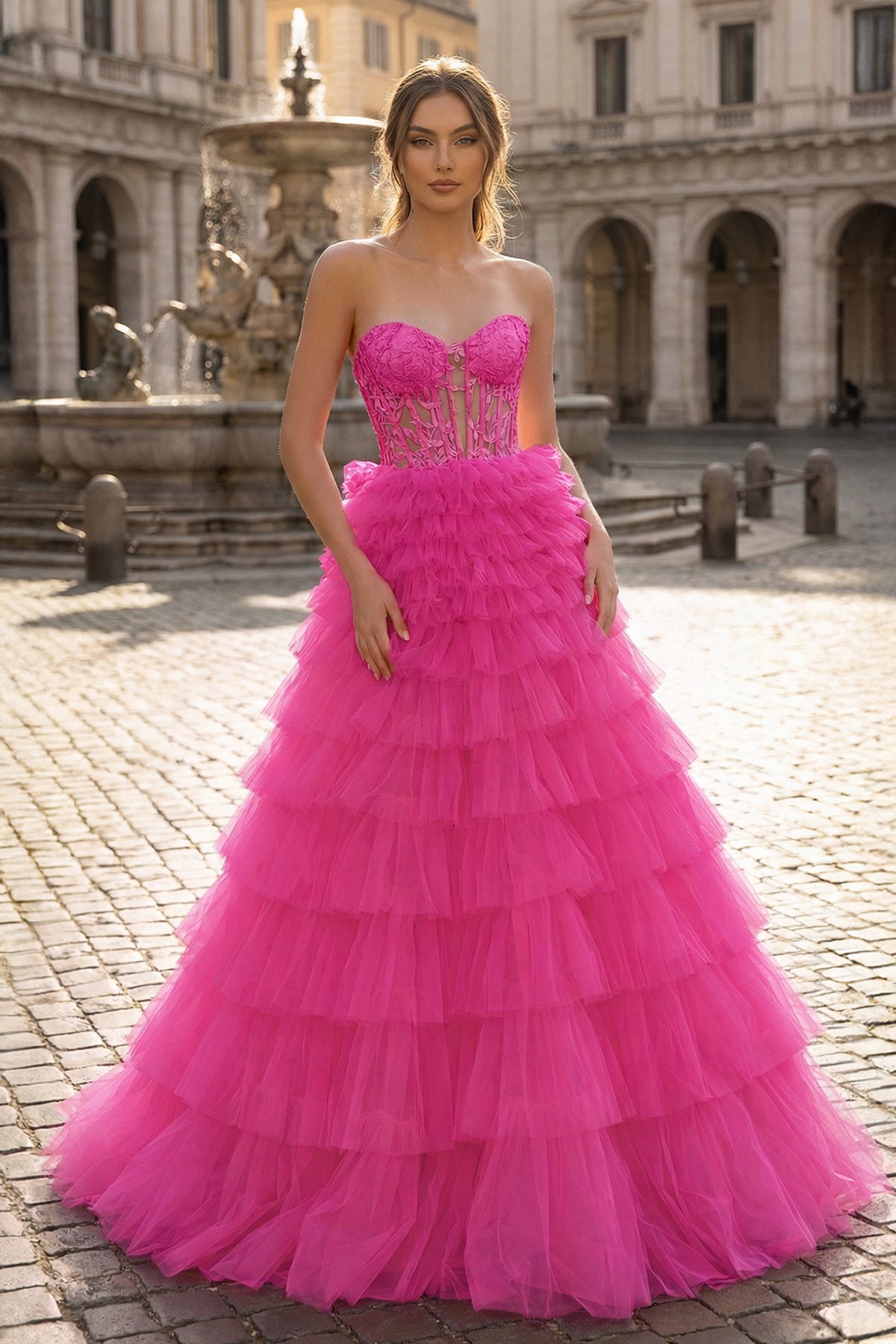 Yellow Sweetheart A Line Tiered Tulle Long Prom Dress