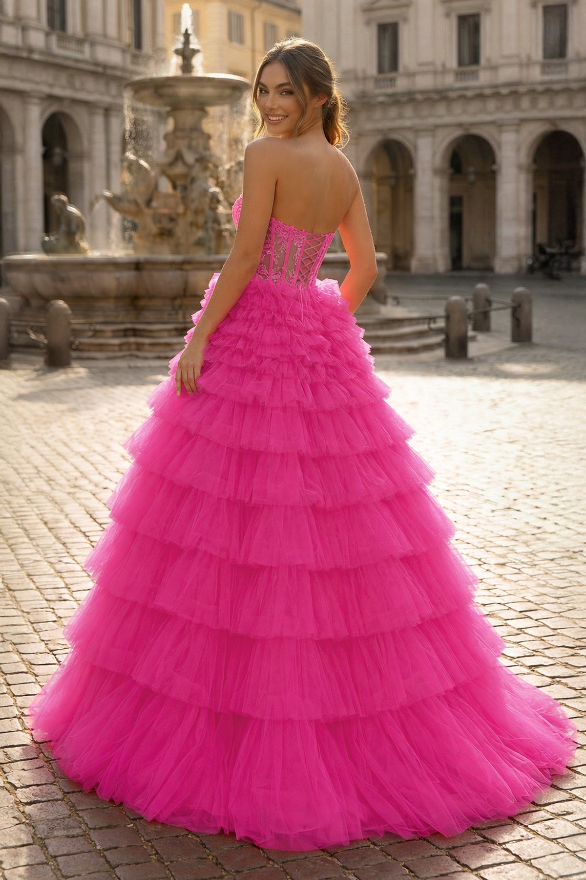 Yellow Sweetheart A Line Tiered Tulle Long Prom Dress
