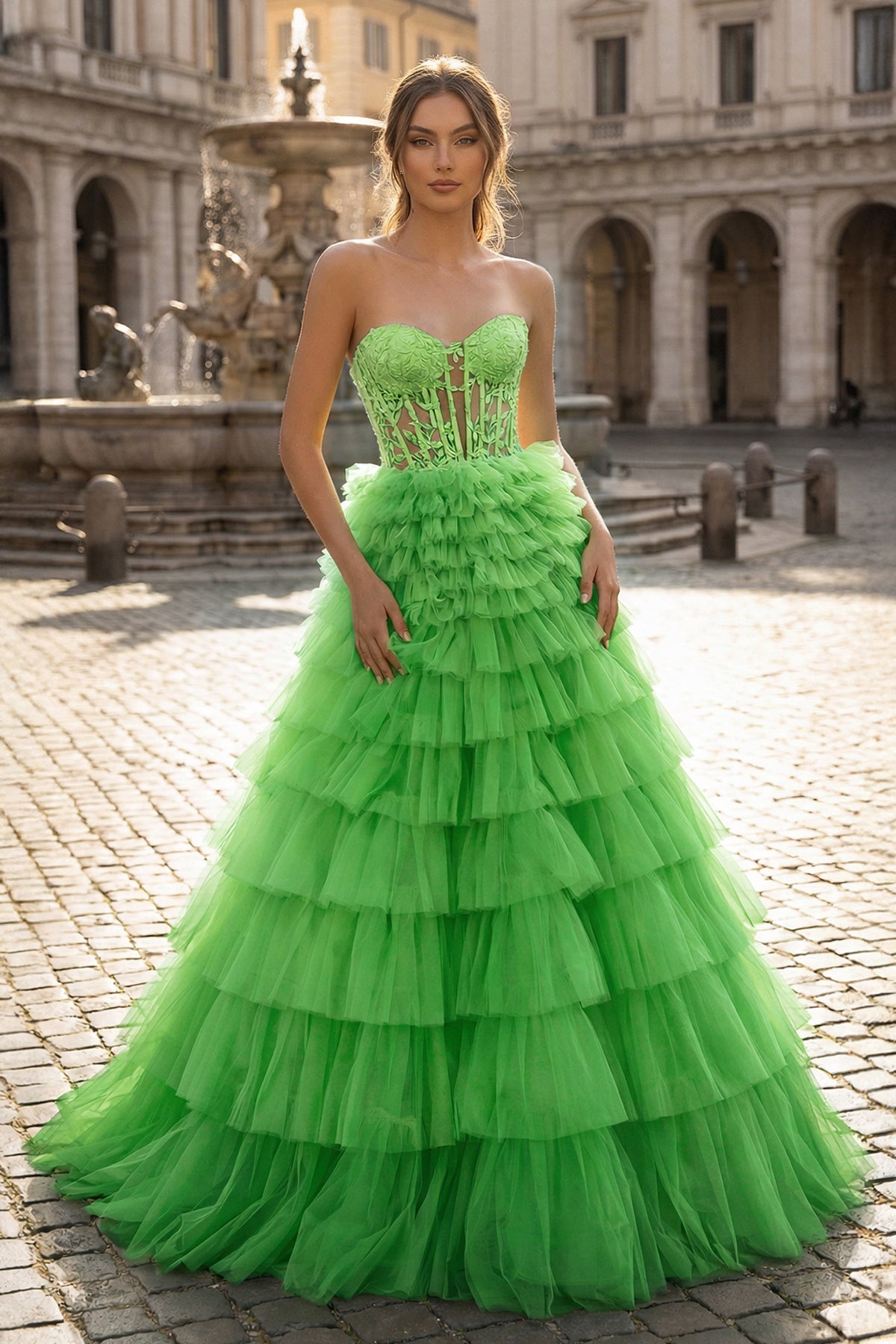 Yellow Sweetheart A Line Tiered Tulle Long Prom Dress