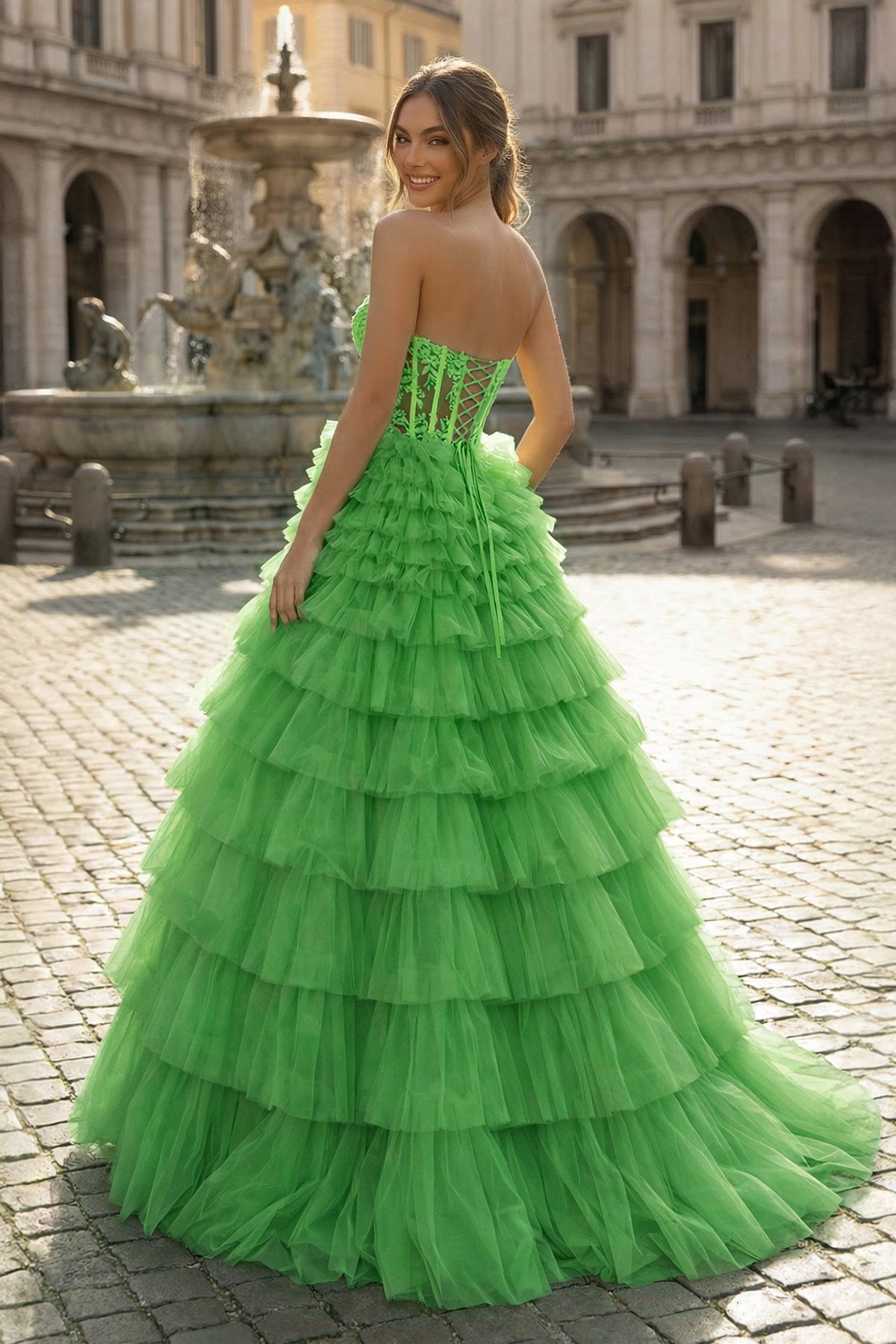 Yellow Sweetheart A Line Tiered Tulle Long Prom Dress
